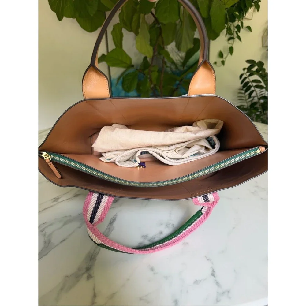 NWT Tory Burch Perry Multi Stripe Leather Triple Compartment Tote Arugula Green